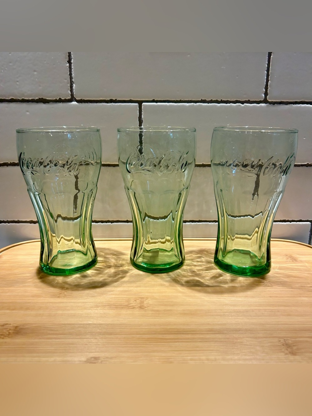 Vintage Libbey Green Coca Cola Embossed Glasses 16oz Tapered - set of 3